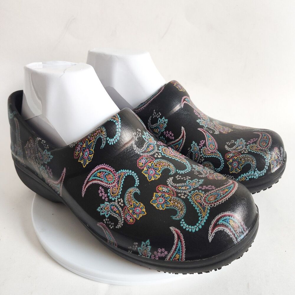 Crocs Neria ll Womens Work Shoes Black Slip On Comfort Clog Black Paisley Size 8
